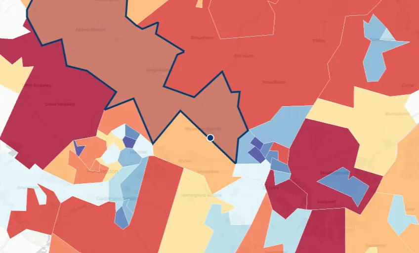 Local data layers mapped across an area, showing a blue-to-red colour ramp and selectable outcome layers