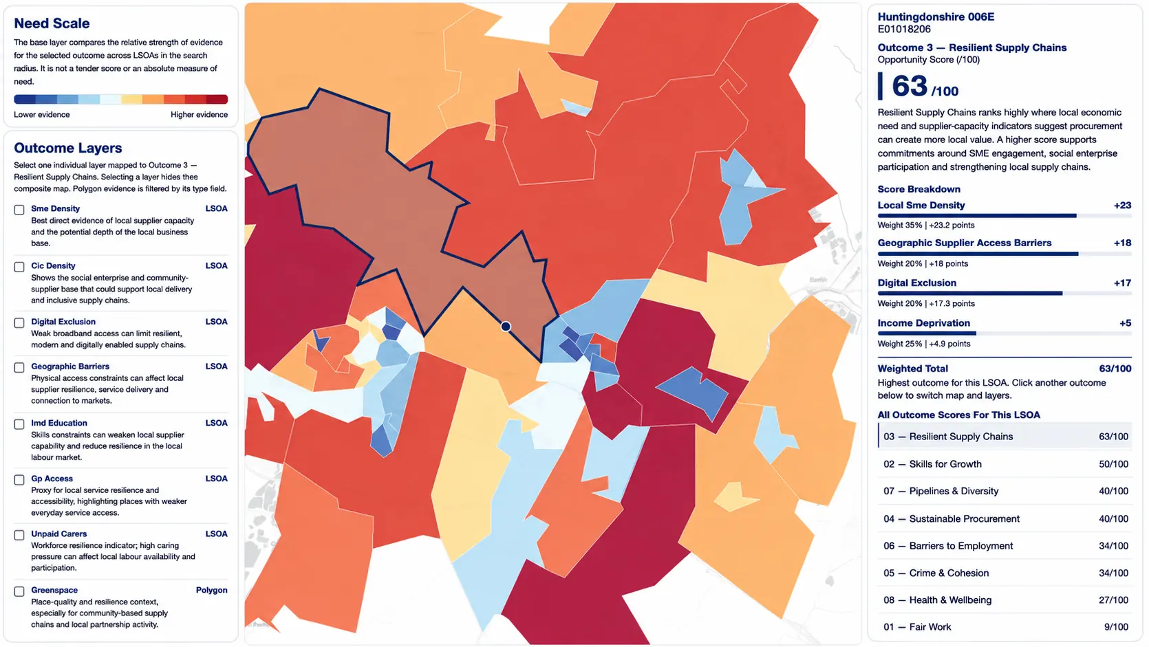 Social Value Navigator application showing a colour-coded priority map with map controls, outcome layers, and a selected LSOA scorecard